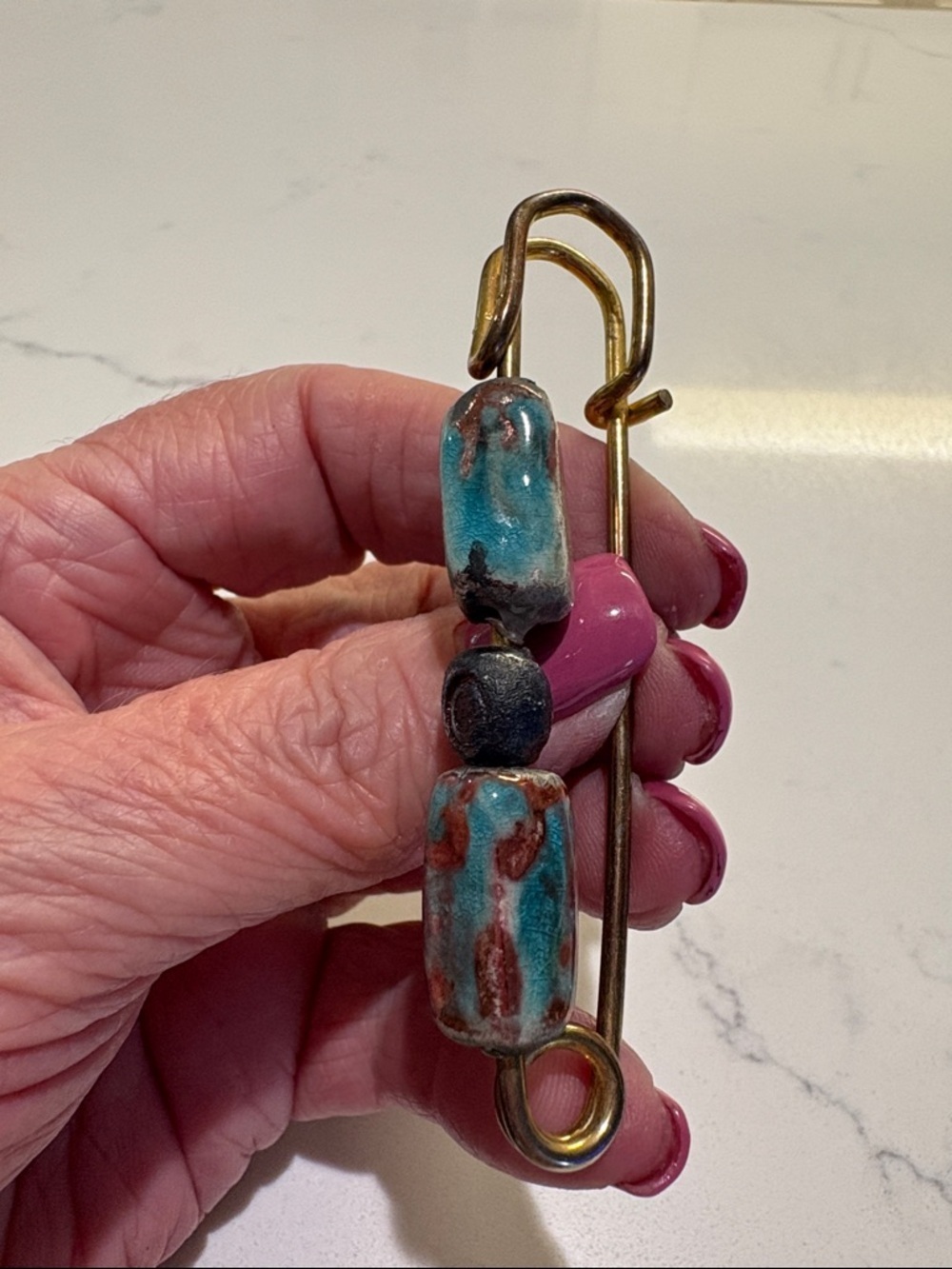 Boho Brass Safety Pin Brooch with Turquoise-Red Beads… - Picture 3 of 5